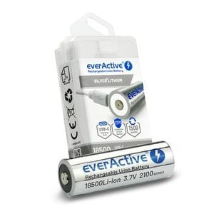 everActive 18500 Li-ion akku 3.7V 2100mAh USB-C Silver Line suojapiirillä ja säilytysrasiassa