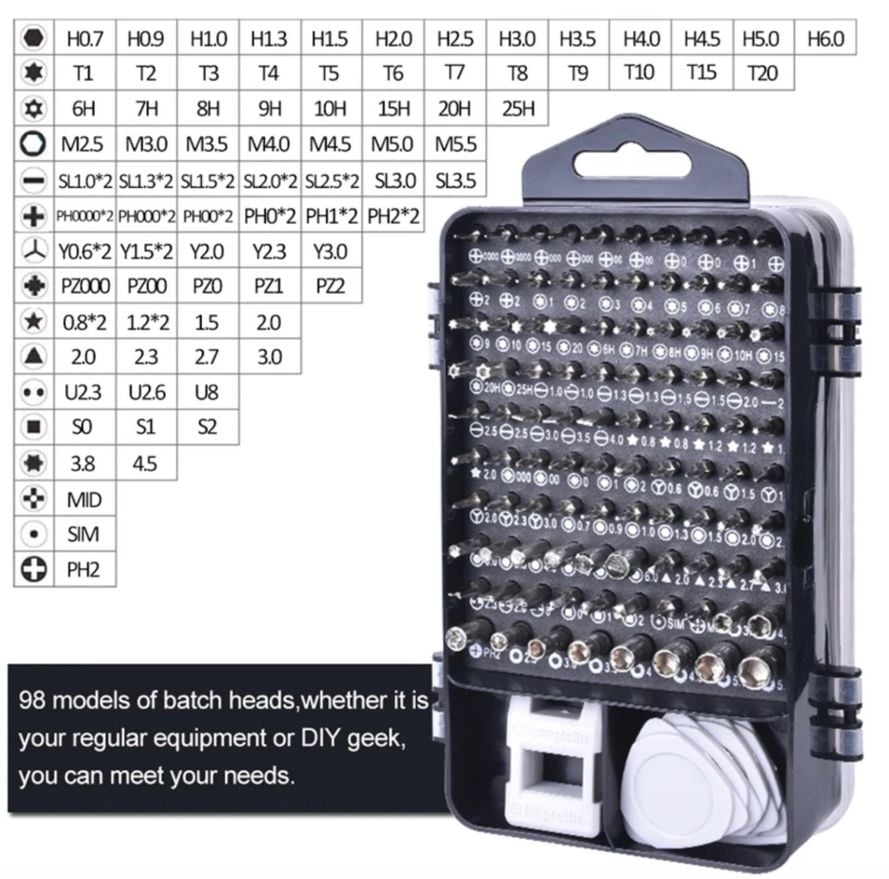 122-osainen työkalusarja – Torx, Phillips, Tri-Wing ja erikoiskärjet