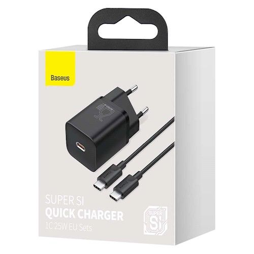 Baseus Super Si PD 25W seinälaturi, 1x USB-C + USB-C - USB-C kaapeli, musta