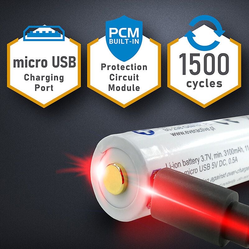 everActive 18650 3.7V Li-ion 3500mAh micro USB akku suojakotelolla
