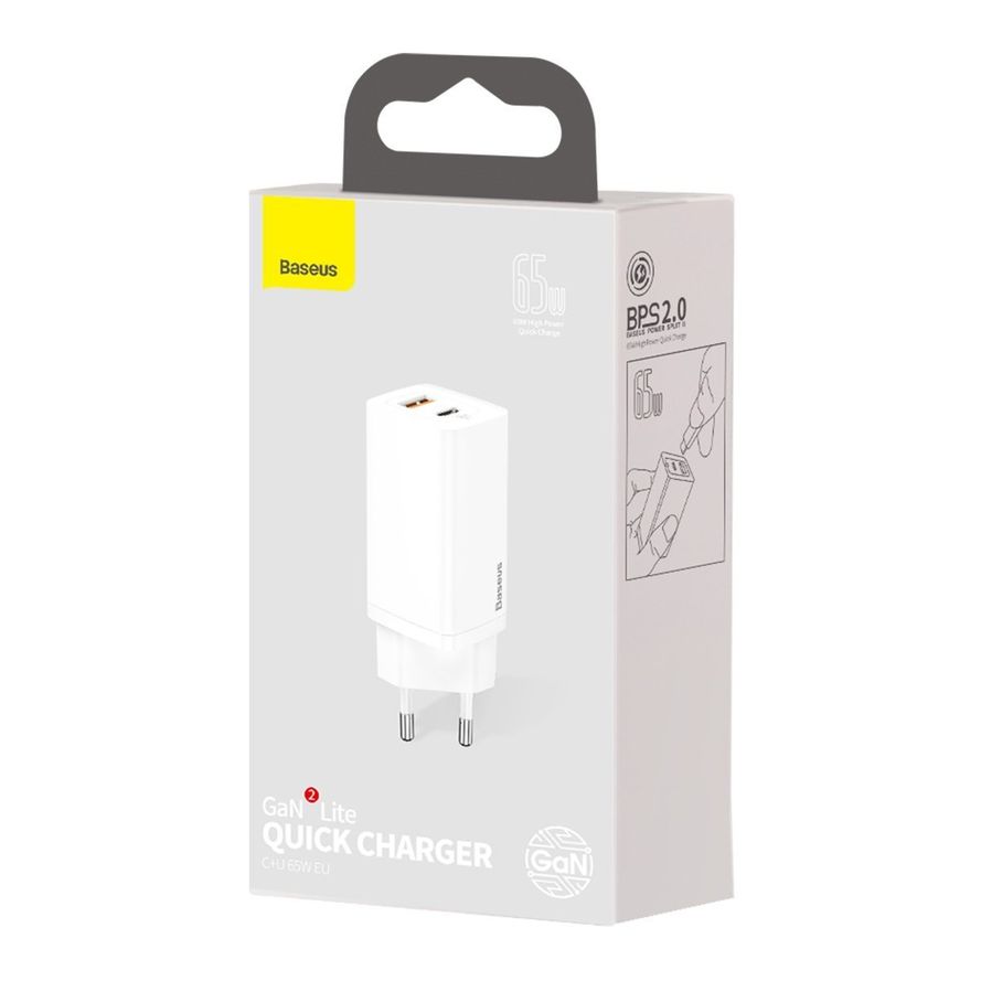 Baseus 65W seinälaturi, USB-C ja USB-A - valkoinen