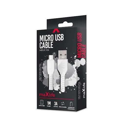 Maxlife MXUC-04 USB -  microUSB Kaapeli 1m 3A - Valkoinen