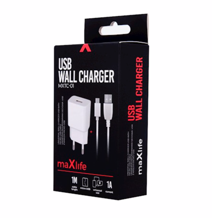 Maxlife MXTC-01 seinälaturi 1A + Lightning yhteensopiva USB kaapeli