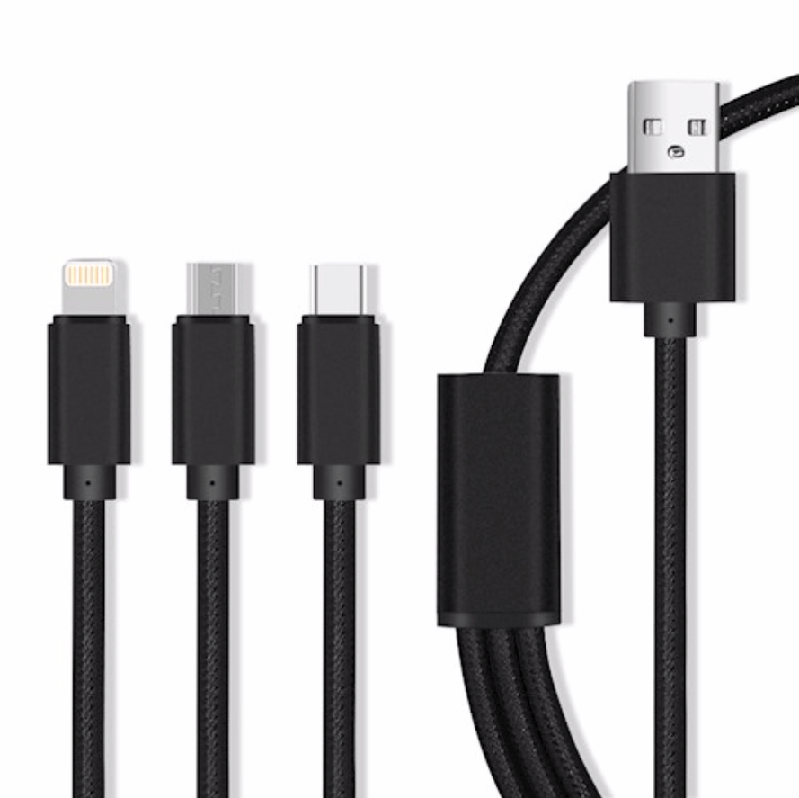 Maxlife 3in1 Nylon Micro USB / Type-C / Lightning Fast Charge kaapeli 2.1A, musta