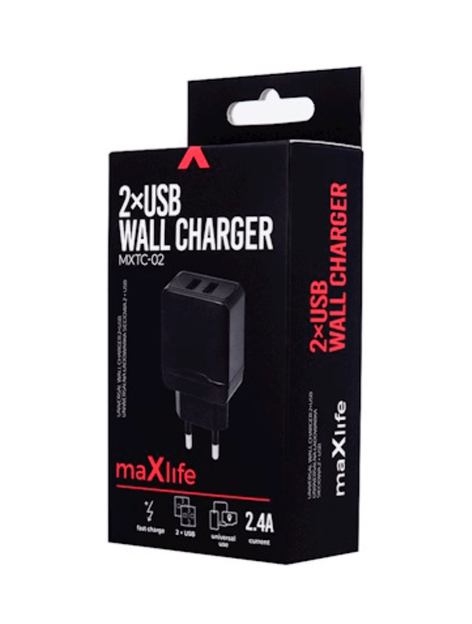 Maxlife MXTC-02 fast Charge seinälaturi 2xUSB 2,4A musta