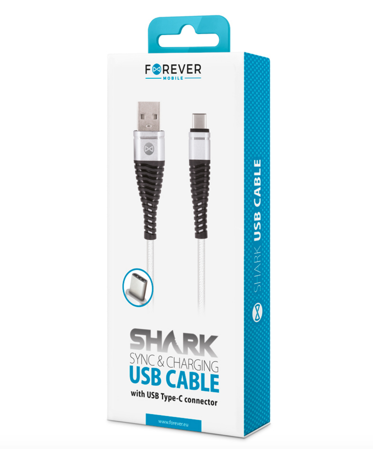 Forever Shark USB Type-C -kaapeli 1 m, hopea/valkoinen