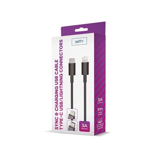 Setty Lightning-USB-C-kaapeli 1m 3A - Musta