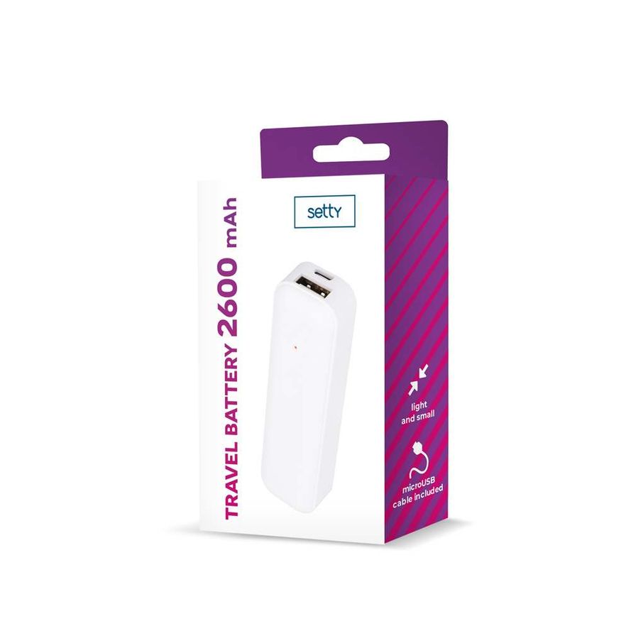 Setty Power Bank varavirtalähde 2600 mAh - Valkoinen