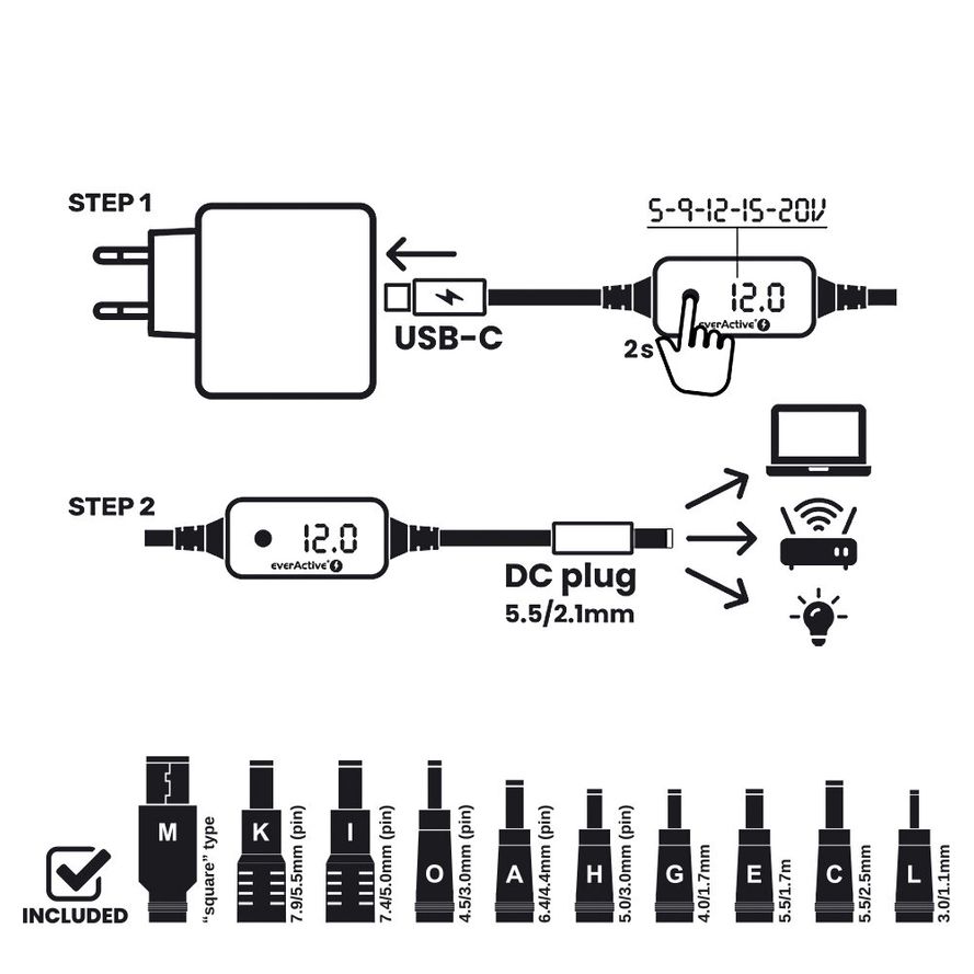 everActive AD-PD65 Universaali USB-C PD Virtalähde 65W 5–20V, 10 adapteria