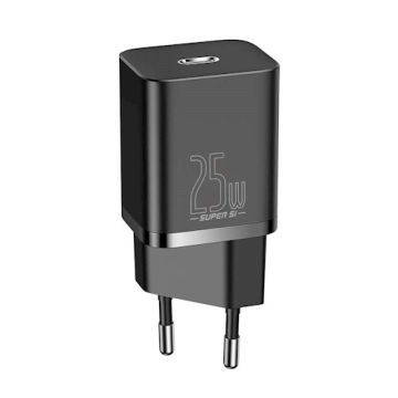 Baseus Super Si PD 25W seinälaturi, 1x USB-C + USB-C - USB-C kaapeli, musta