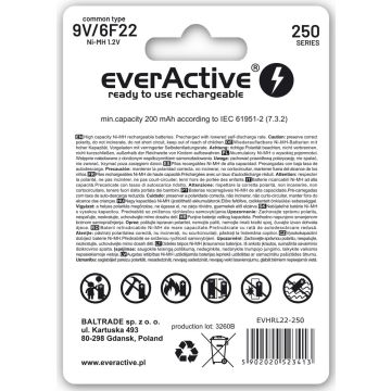 everActive 9V / 6F22 ladattava Ni-MH akkuparisto 250 mAh