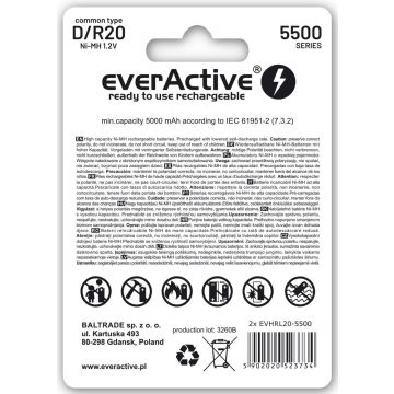 everActive D / R20 ladattava Ni-MH akkuparisto 5500 mAh 2 kpl