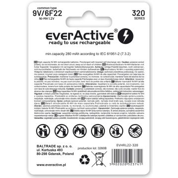 everActive 9V / 6F22 ladattava Ni-MH akkuparisto 320 mAh