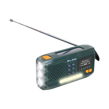 BLOW RA19 hätäradio – kampi, aurinkopaneeli, 4 500 mAh powerbank ja LED-valo