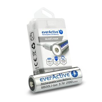 everActive 18500 Li-ion akku 3.7V 2100mAh USB-C Silver Line suojapiirillä ja säilytysrasiassa