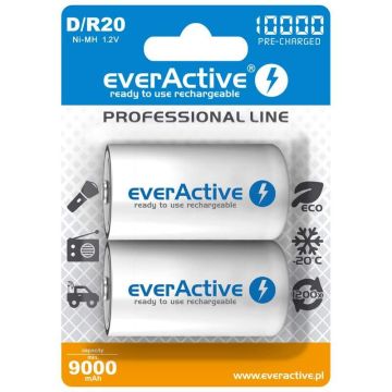 everActive Ni-MH Ladattava R20 / D Paristo 10000 mAh, 1,2V - 2 kpl pakkaus