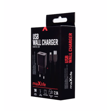 Maxlife MXTC-01 Fast Charge seinälaturi 2,1A + Micro-USB-kaapeli musta