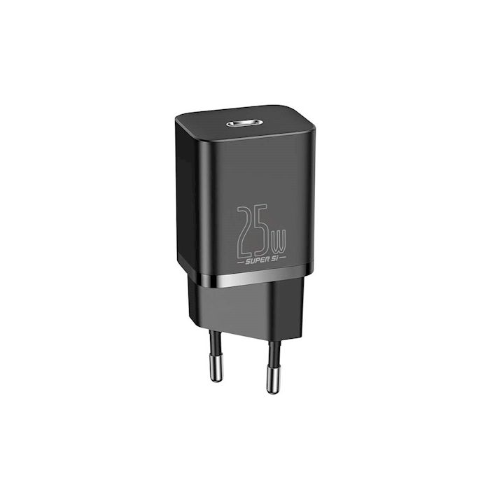 Baseus Super Si PD 25W seinälaturi, 1x USB-C + USB-C - USB-C kaapeli, musta