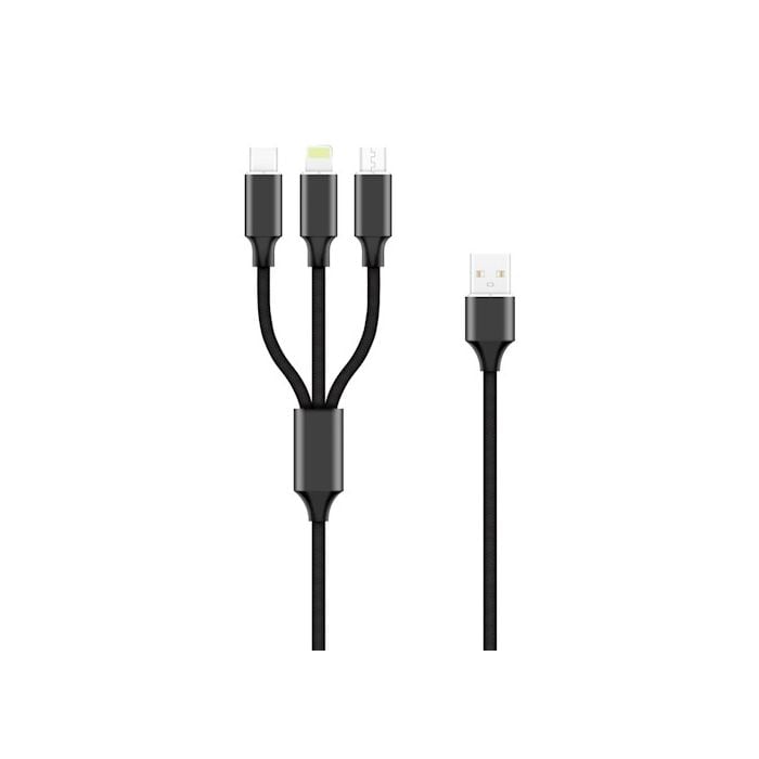 Forever USB 3in1 microUSB + Lightning + Type-C kaapeli 2A 1m - Musta
