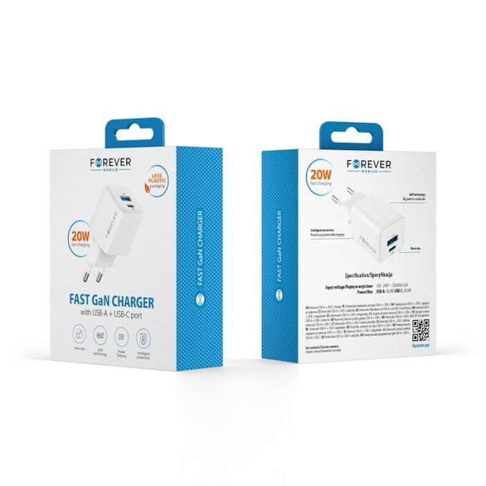 Forever TC-08-20AC GaN PD QC Mini koko 1x USB-C 1x USB 20W laturi