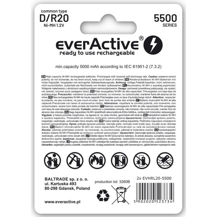 everActive D / R20 ladattava Ni-MH akkuparisto 5500 mAh 2 kpl