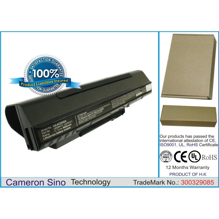 Acer Aspire One, Aspire One A110, Aspire One A150, Aspire One AOD250, Aspire One 531H, Aspire One 571 akku 6600 mAh - Musta