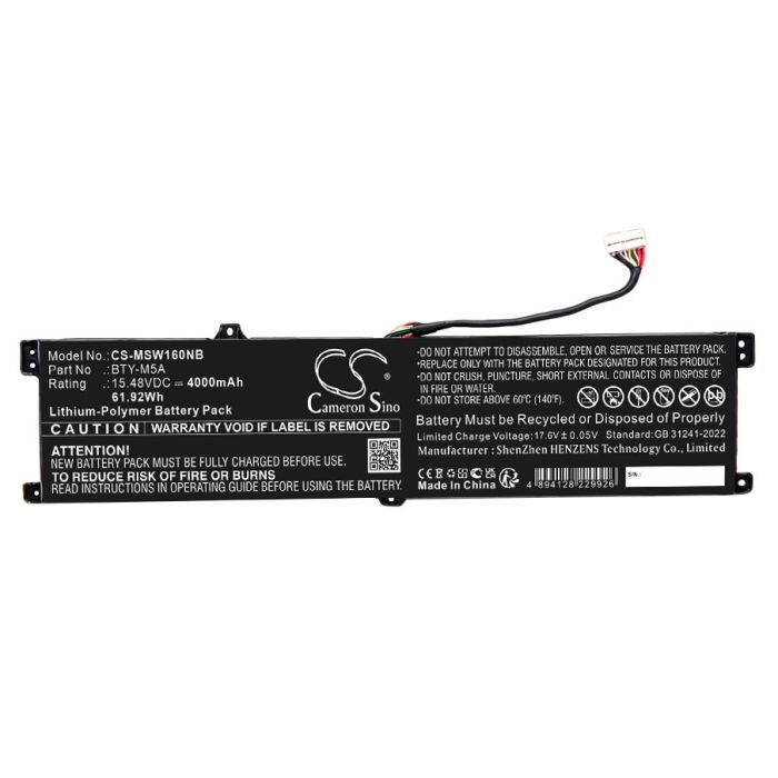MSI kannettavan tietokoneen B14VFKG-056UK yhteensopiva akku 4000mAh
