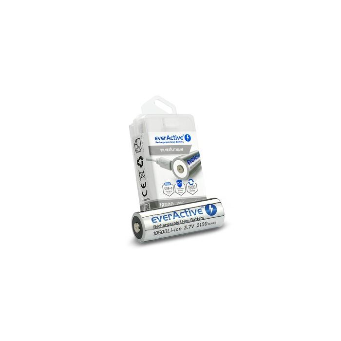 everActive 18500 Li-ion akku 3.7V 2100mAh USB-C Silver Line suojapiirillä ja säilytysrasiassa