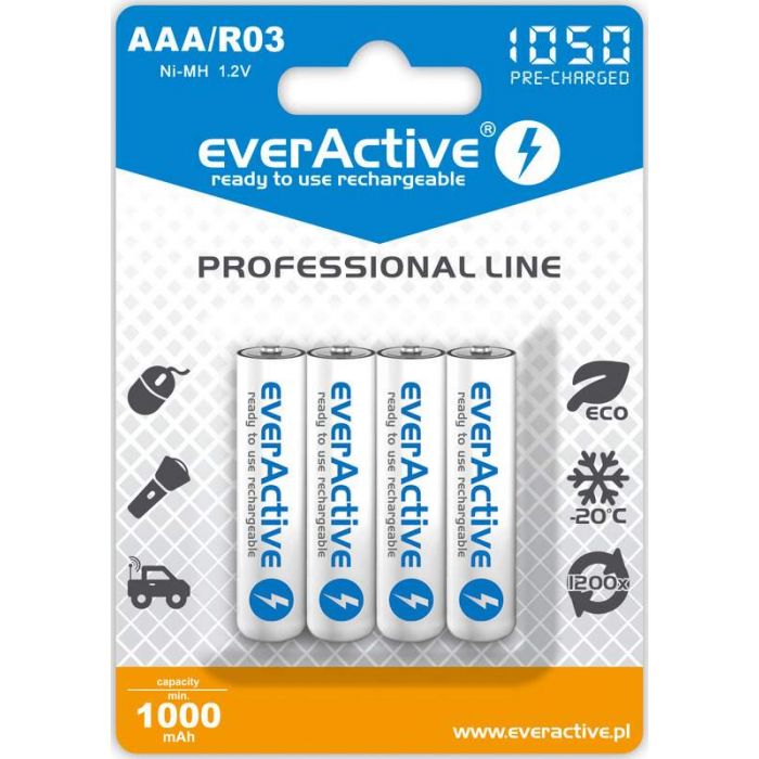 everActive  Ni-MH Ladattava AAA Paristo 1050 mAh, 1,2V - 4 kpl pakkaus - heti käyttövalmis