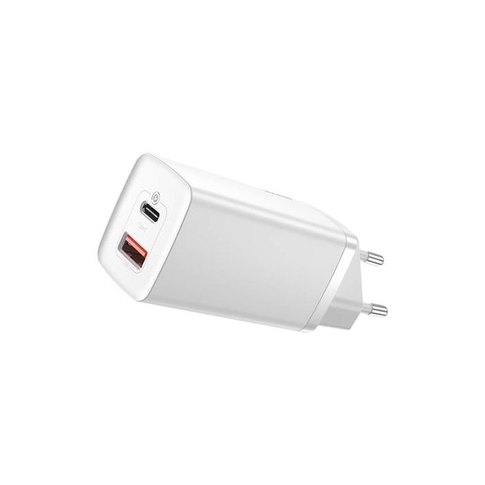 Baseus 65W seinälaturi, USB-C ja USB-A - valkoinen