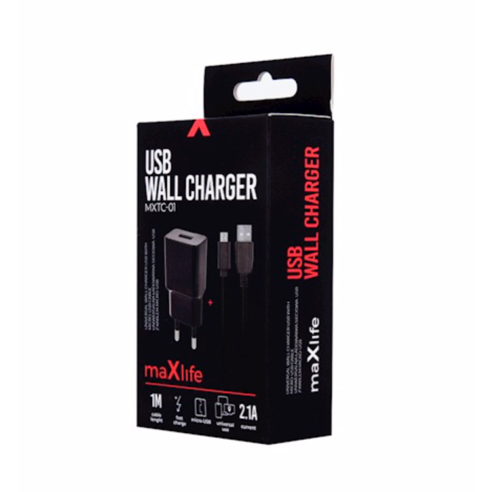 Maxlife MXTC-01 Fast Charge seinälaturi 2,1A + Micro-USB-kaapeli musta