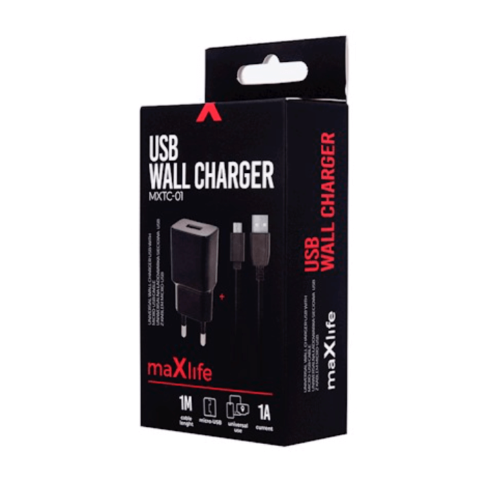 Maxlife MXTC-01 USB-seinälaturi 1A + Micro-USB-kaapeli musta