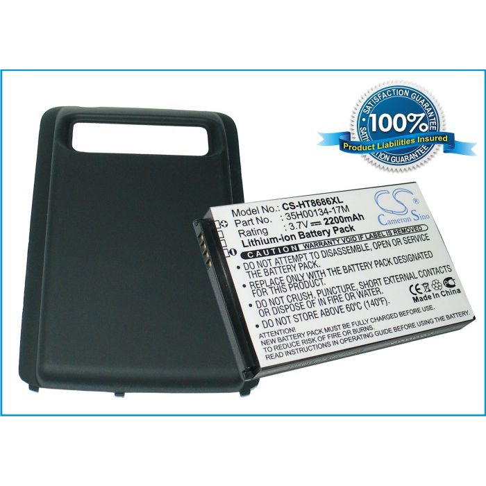 HTC 7 Trophy, Spark, T8686  Extended With Back Cover yhteensopiva akku - 2200 mAh