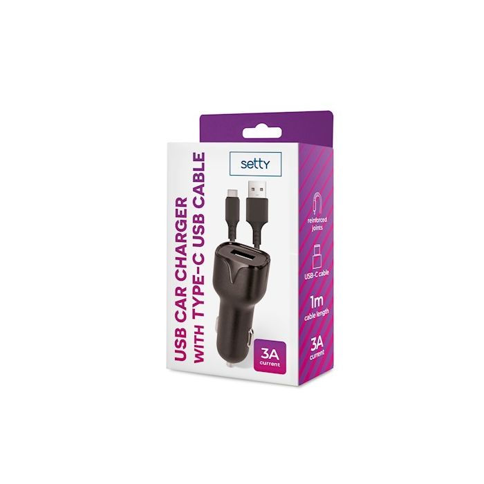 Setty USB-autolaturi + Type-C-kaapeli 1m 3A - musta