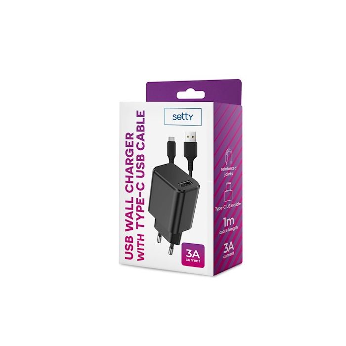 Setty USB-laturi + Type-C-kaapeli 1m 3A - Musta