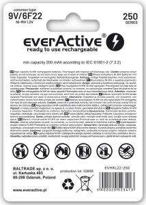 everActive 9V / 6F22 ladattava Ni-MH akkuparisto 250 mAh