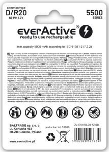 everActive D / R20 ladattava Ni-MH akkuparisto 5500 mAh 2 kpl